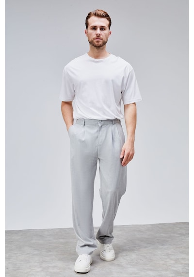 HLT Jeans Erkek Gri Çift Pileli Rahat Kesim Beli Lastikli Bol Paça Baggy Pantolon Albert-1990 Gri