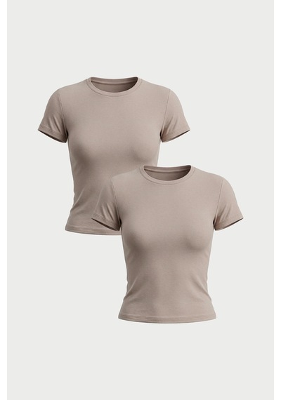 Auw Kadın Bisiklet Yaka Pamuklu Modal T-shirt 2'li - Softfit Taş - Taş