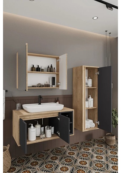 Lale 90 Cm %100 Mdf Lavabolu Banyo Dolabı + Boy Dolabı Antrasit