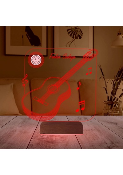Luvivia Klasik Gitar Müzik Nota Gitarist Kişiye Özel Metal Saatli 3d Lamba - Masa Gece Lambası Şeffaf