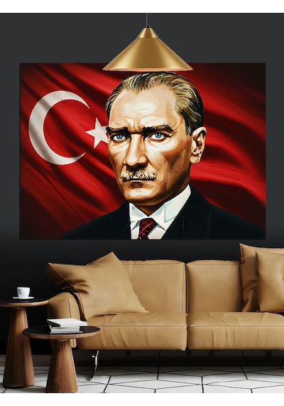 Bayrak Önünde Atatürk Portresi Dekoratif Kanvas - Mdf Ahşap Tablo