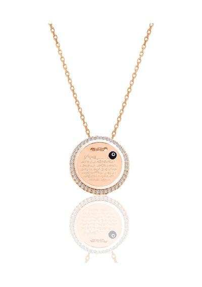 Gümüş Rose Zirkon Taşlı Ayetel Kürsi Yazılı Nazarlı Plaka Kolye Barcode Gümüş - Rose Gold
