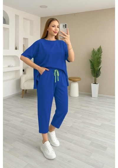Efnaz Style Kadın Kısa Kollu Bisiklet Yaka Viskon Iki Iplik Bluz Ve Pantolon Ikili Takım Saksmavi