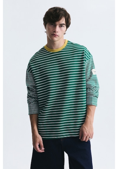 Vamos Kontrast Yaka Çizgili Sweatshirt Ekru-yeşil
