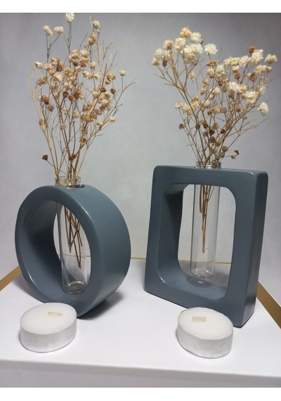 Dikdörtgen-yuvarlak Formlu, Cam Tüplü, 2'li Dekoratif Vazo Set Gri