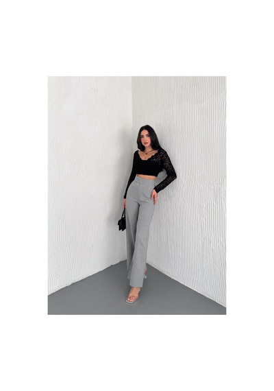 Gugus Kadın Cepsiz Dokuma Kumaş Pantolon Beli Cırtlı Bol Paça Wide Leg Model Gri