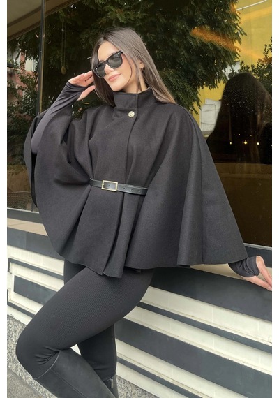 Butik Siyah Kemerli Kaşe Panço