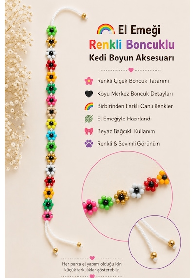El Yapımı Renkli Çiçek Boncuklu Kedi Boyun Aksesuarı Beyaz Bağcıklı Dekoratif Kedi Tasması