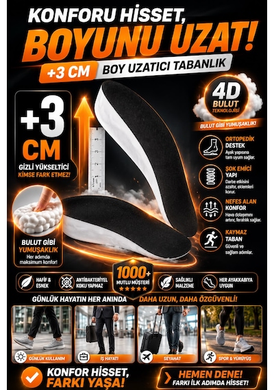 3 Cm Boy Uzatıcı Tabanlık Gizli Topuk Yükseltici Tam Boy Iç Taban Rahat Ve Dayanıklı