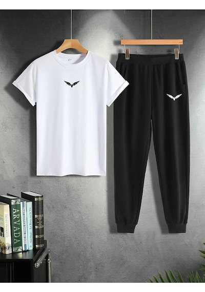 Kanat Beyaz T-shirt Siyah Eşofman Altı Jogger - Baskılı Alt Üst Takım Oversize Bisiklet Yaka Beyaz