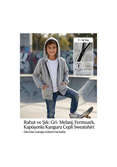 Erdem Kıds Unisex Kız Erkek Çocuk Basic 3 İplik Şardonsuz Fermuarlı Kanguru Cepli Kapüşonlu Pamuk Sweatshirt Hırka Gri-melanj Gri-melanj