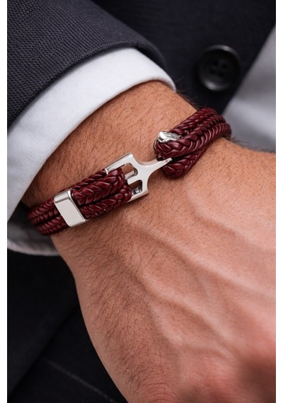 Deep Burgundy Core Bordo Hakiki Deri Erkek Bileklik-50-674 Antrasit