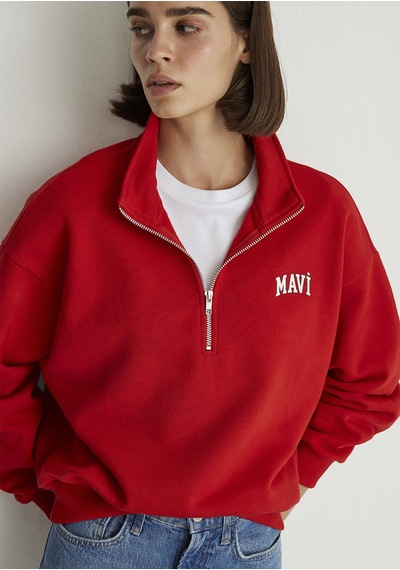 Mavi - Mavi Logo Baskılı Yarı Fermuarlı Kırmızı Sweatshirt 1s10179-86417 Kırmızı
