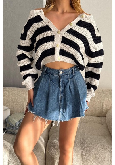 Noa & Noa Kadın Altın Düğmeli Çizgili Triko Hırka Yumuşak Dokulu & Oversize Kesim Ekru