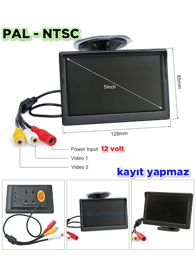 5'' Cam Vantuzlu Kayıtsız Araç Monitörü Kamerasız 12 Volt