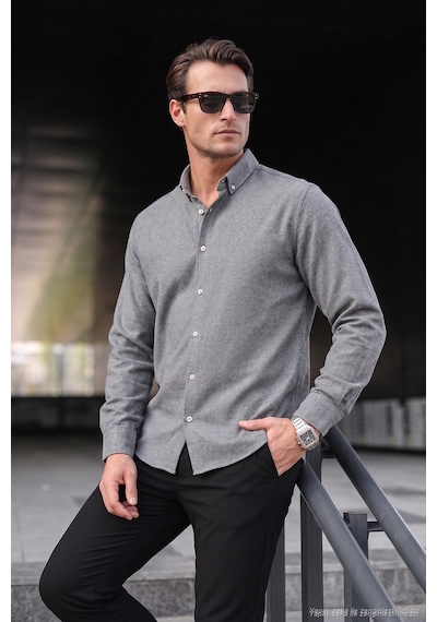 Buratti Pamuklu Regular Fit Düğmeli Yaka Kışlık Erkek Gömlek Cf24W127079 Koyu Gri