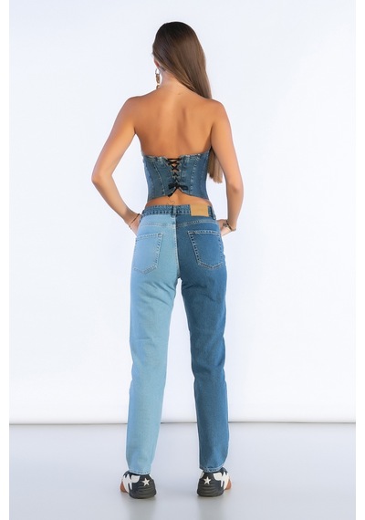 Mavi Yüksek Bel Çift Renk Detaylı Mom Jeans-mavi Mavi