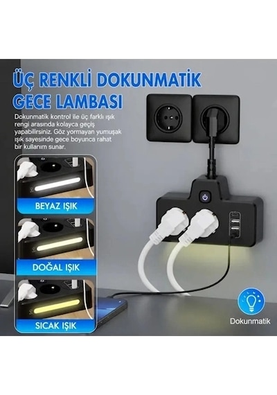 Bkl-502 Akım Korumalı 2li Priz 2 Usb Ve 2 Type-c Çıkış 4000w Hızlı Şarj Duvar Tipi Dokunmatik Led Aydınlatmal 0-2