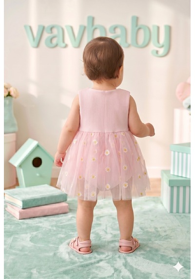 Kız Bebek Papatya Kabartma Desenli Çıtçıtlı Badi Zıbın Tütü Elbise-pembe