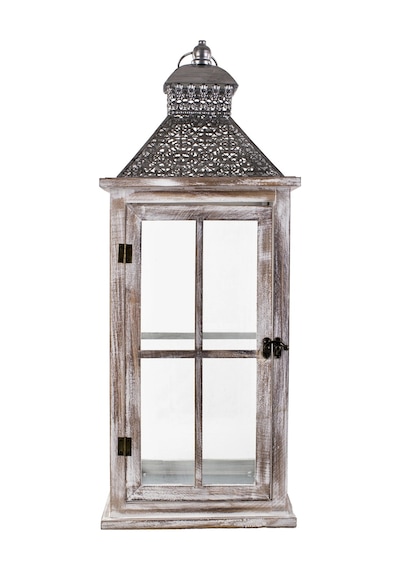 İşlemeli Metal Çatılı İthal Eskitme Ahşap Mumluk Fener 67cm Beyaz