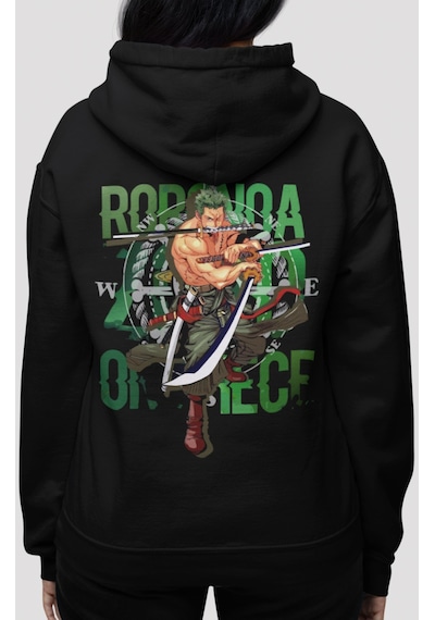 Sevbano One Piece Roronoa Zoro Anime Sırt Baskılı Unisex Oversize Penye H Siyah
