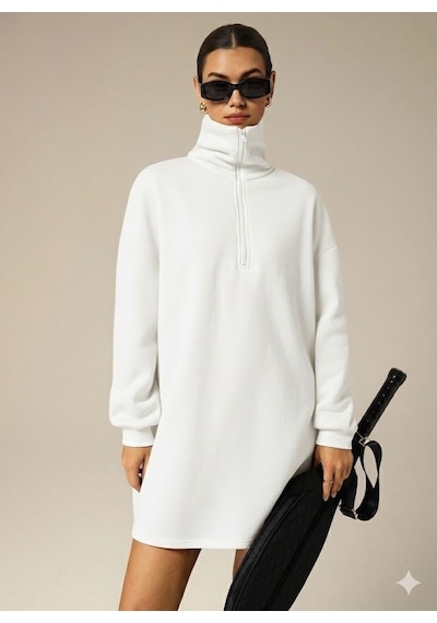 Afri 3 İplik Şardonlu Beyaz Oversize Fermuarlı Tunik Sweatshirt - Günlük Spor Elbise Beyaz