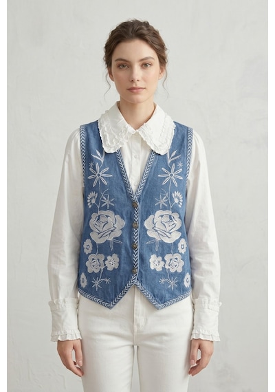 Saade Sââde Kadın V Yaka Çiçek Nakışlı Düğmeli Denim Yelek Mavi