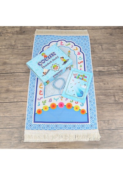 Çocuk Seccadesi Ve Eğitici Kitabı Namaz Seti - Mavi 45x82 Cm - 110 Gr - Tesbih Çok Renkli