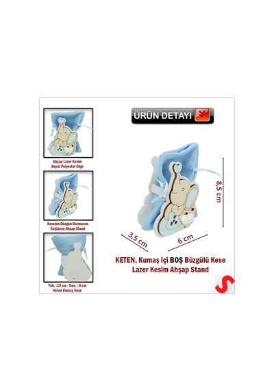 Ahşap Standlı 10cm X 8cm Kese, Fil Mavi - 1 Adet Renkli Çok Renkli