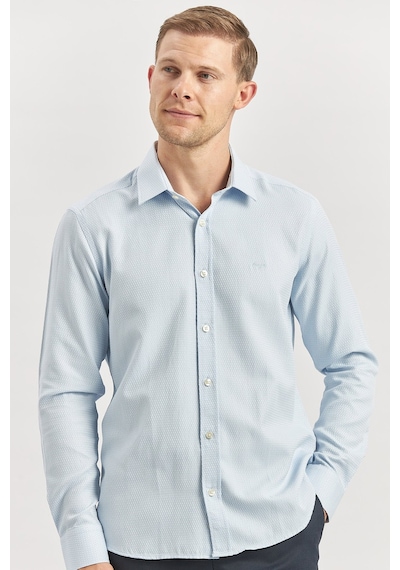 İmza Koyu Mavi Uzun Kol Kendinden Desenli Armürlü 032 Sert Yaka Casual Slim Fit Gömlek 1004240249 Koyu Mavi