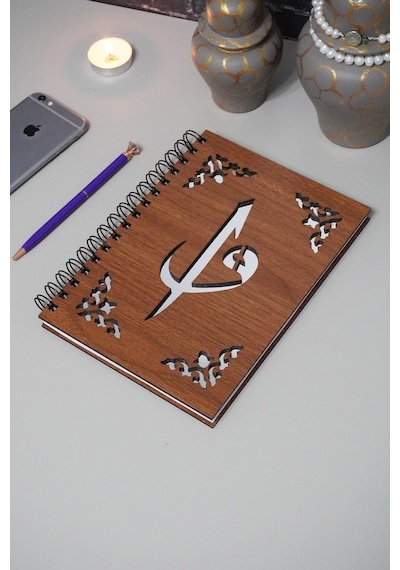 Elif Vav Ahşap Defter - Ajanda - A5 Spiralli Okul Defteri Ahşap Rengi Ceviz Notebook