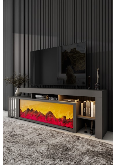 Dekoratif Elektrikli Yapay Şömine Ve Tv Ünitesi 160cm X 52cm Kumandalı Bluetooth Ses Antrasit