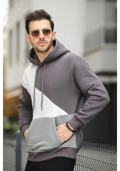 Placide Üç İplik Pamuklu Parçalı Kapüşonlu Erkek Sweatshirt 001