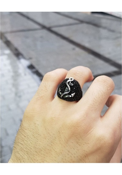 925 Ayar Gümüş Mikro Taş Işlemeli Çapalı Denizci Yüzüğü