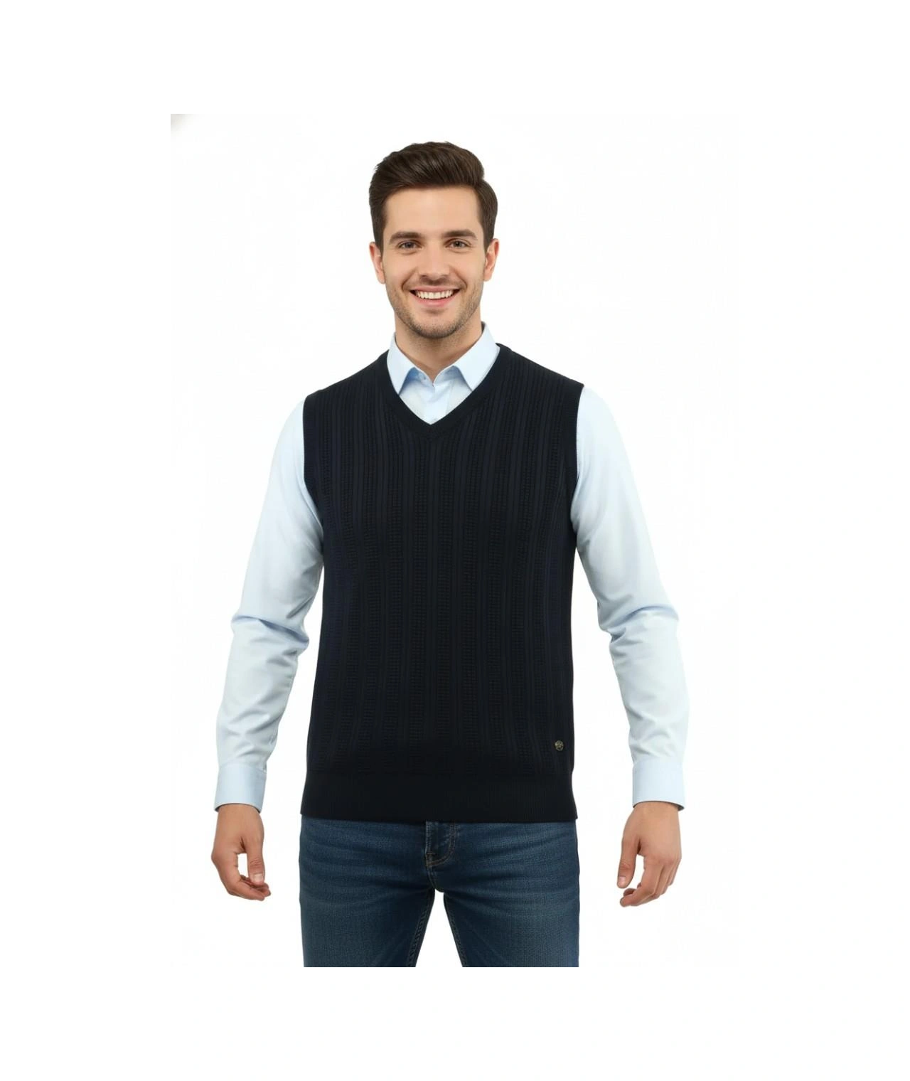 Çizgi Triko Erkek V Yaka Süveter Çelik Örgü Regular Kalıp 5209h Bgl-st04843 Lacivert