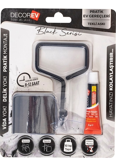 Decorev Dekoratif Yapıştırmalı Banyo- Mutfak Metal Tekli Kancalı Askı Siyah Pratik Vidasız Montaj Dc-5052 Siyah