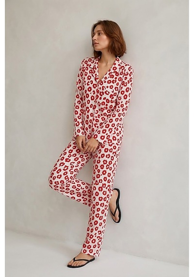 Fit Women Kadın Gömlek Yaka Düğmeli Gece Giyimi Kırmızı Pijama Takımı