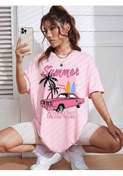 Flood Of Style Kadın Pembe Summer Racing Car Baskılı Oversize T-shirt