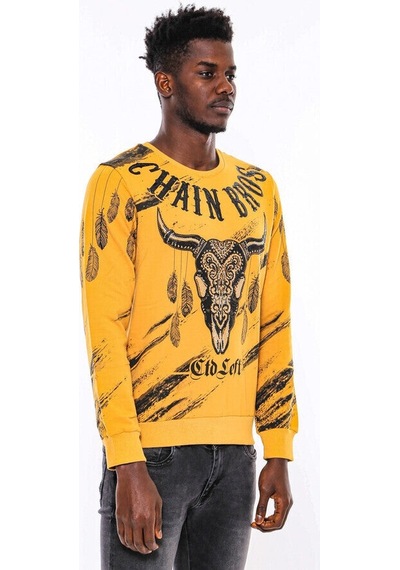 Wessi Hardal Baskılı Taşlı Bisiklet Yaka Sweatshirt Hardal