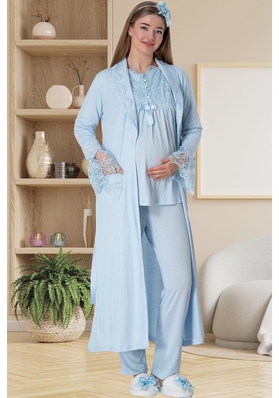 Mecit Pijama Mecit 5416 Mavi Uzun Sabahlıklı Lohusa Pjama Takımı