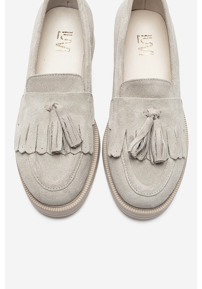Luvishoes Milina Bej Süet Püsküllü Hakiki Deri Kadın Loafer Ayakkabı