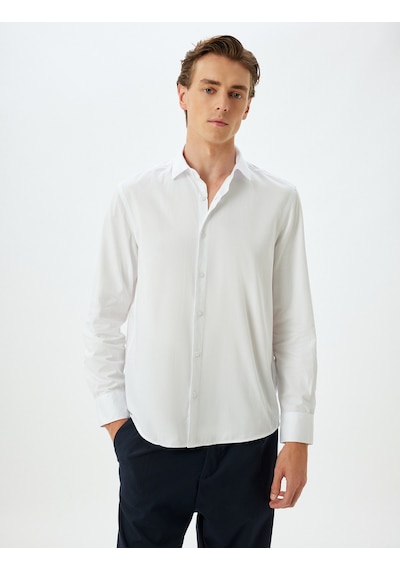 Koton Slim Fit Gömlek Uzun Kollu Yarım İtalyan Yaka Pamuklu Beyaz 5wam60110hw Beyaz