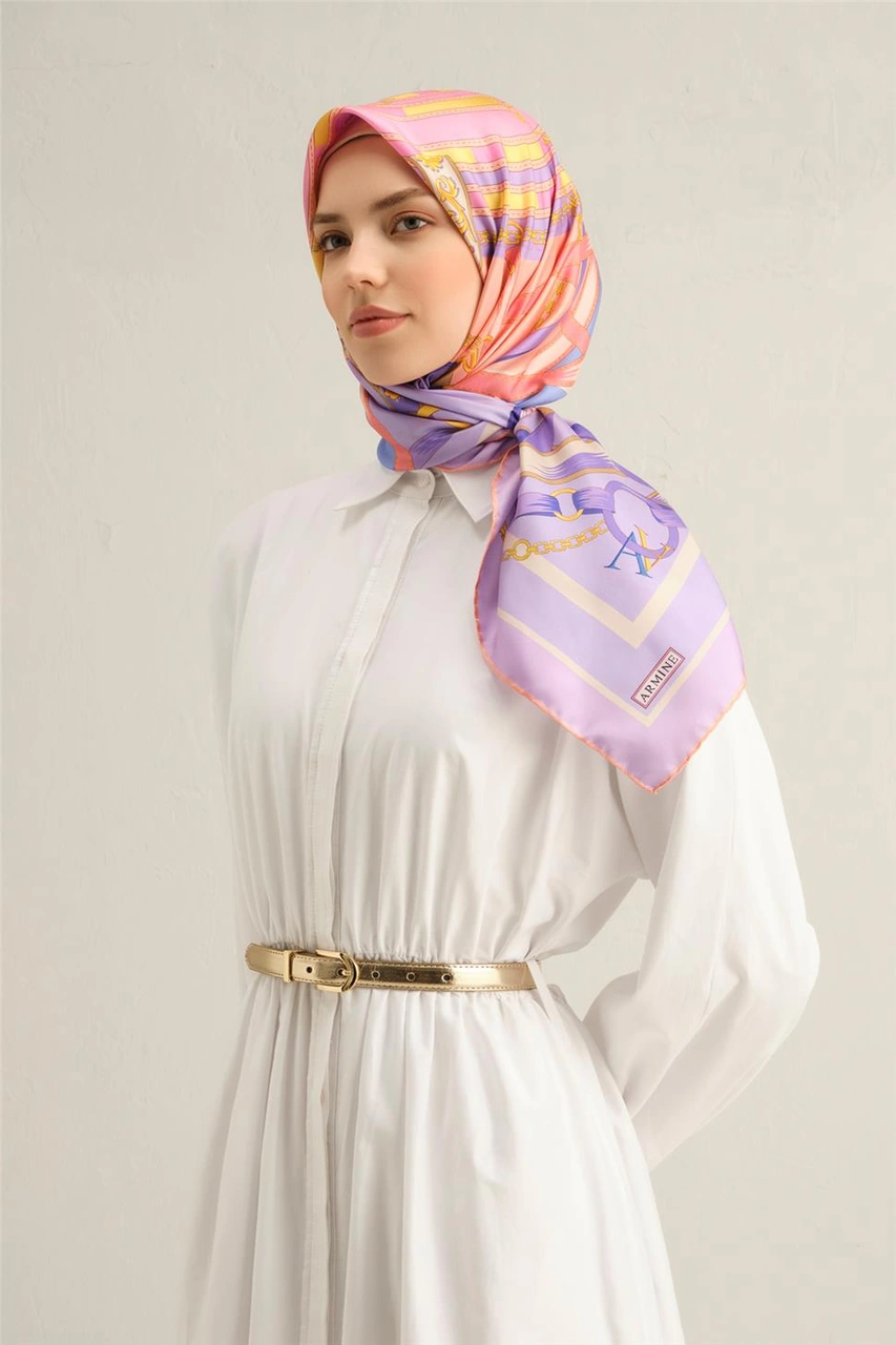 Armine Klasik Desenli Saf İpek Twill Eşarp 9315d 50 Lila