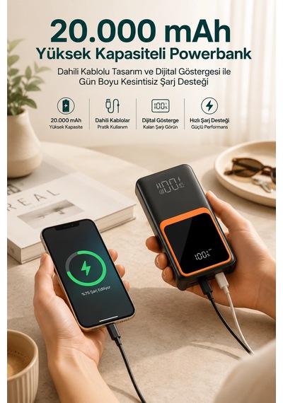 Hubrendy Tekno 20.000 Mah Taşınabilir Şarj Cihazı Dijital Göstergeli Kablolu Powerbank Diğer