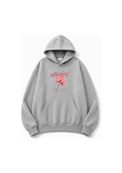 Herkesemoda Pembe Çiçek Baskılı Kapüşonlu 2 İplik Şardonlu Sweatshirt Gri