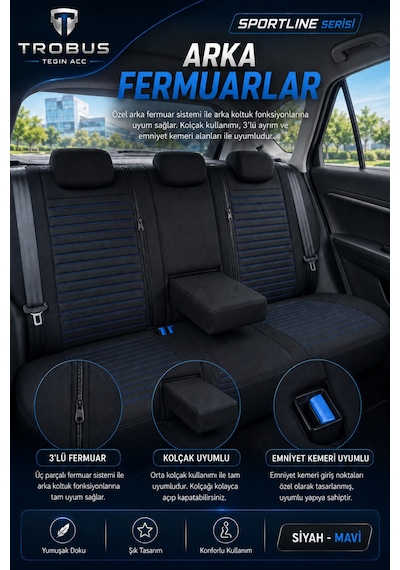 Volkswagen Beetle 2012-2016 Uyumlu Sportline Serisi Siyah Mavi Oto Koltuk Kılıfı