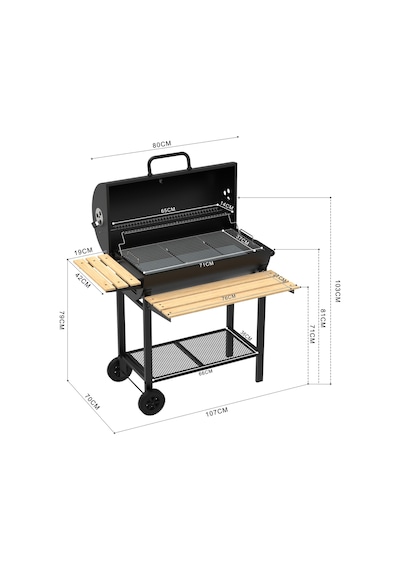 Zln3594 Kömürlü Mangal & Barbekü Taşınabilir Ahşap Raflı Siyah