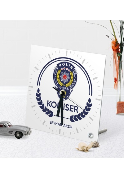 Kişiye Özel Komiser Temalı Masaüstü Kare Cam Saat - 2
