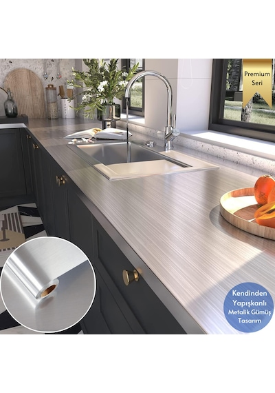 Technosmart 60cm 500cm Kendinden Yapışkanlı Metalik Folyo Mutfak Dolap Masa Kaplama Duvar Kağıdı Silver
