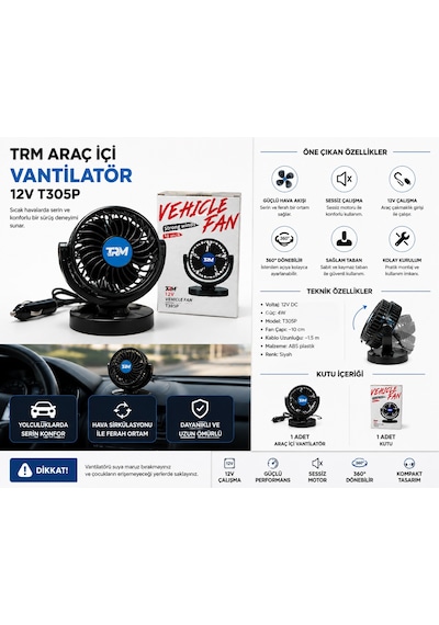 Trm Araç İçi Vantilatör 12v Çakmaklık Girişli Masaüstü Tip Siyah T305p -